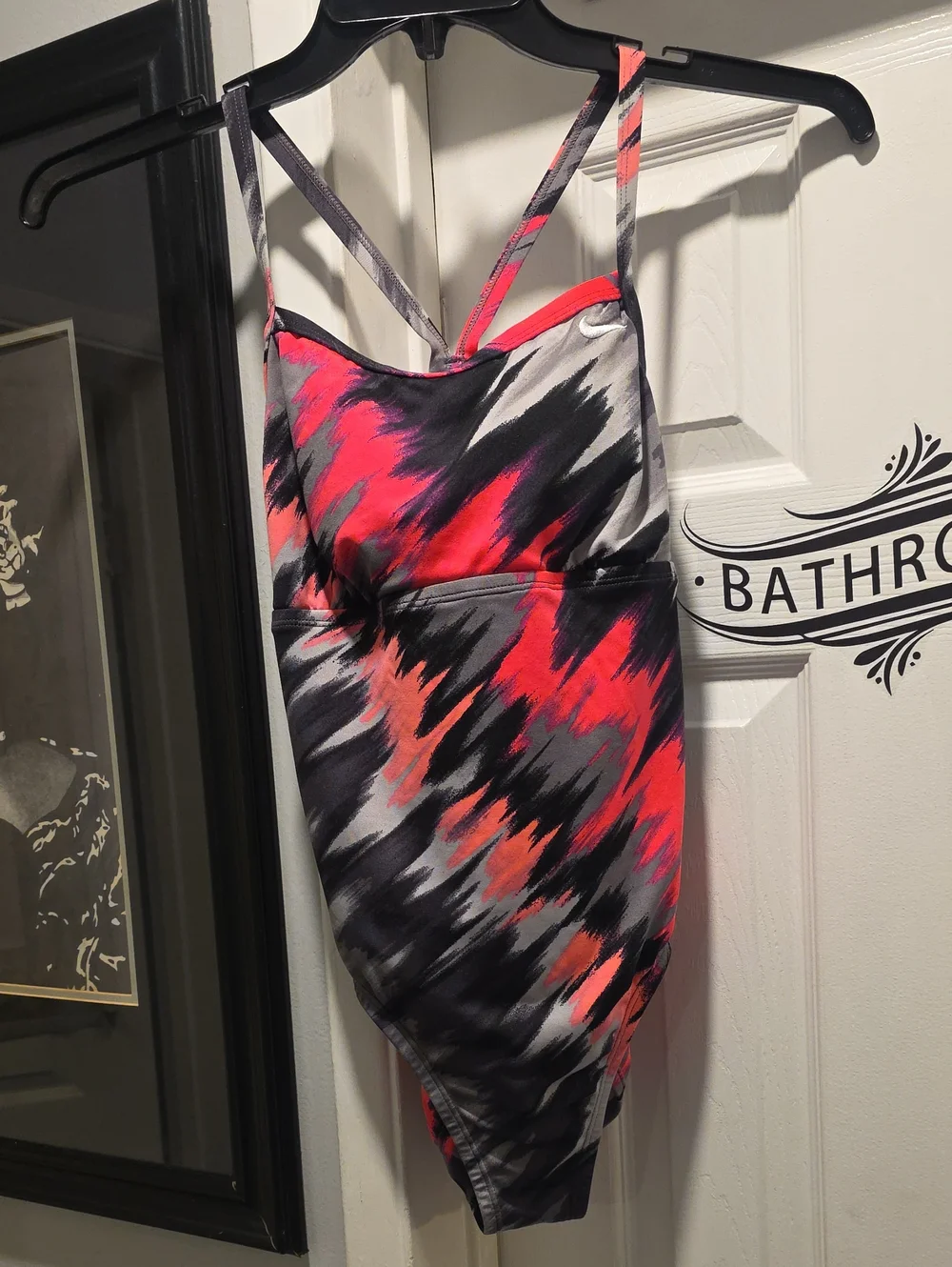 Nike One-Piece Swimsuit in Coral Pink, Black & Gray Brushprint